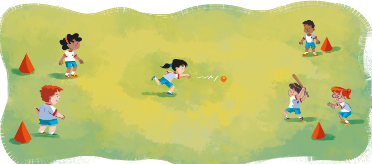 Imagem: Ilustração. No centro de um campo, uma menina, com perna dobrada e braços esticados, joga uma bola. À direita, um menino segura um taco marrom com as duas mãos e aponta para a bola. Há um cone vermelho e uma menina com os braços esticados atrás dele. Ao redor, três crianças estão ao lado de cones.  Fim da imagem.