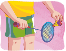 Imagem: Ilustração. Destaque para as mãos de uma pessoa segurando uma raquete de lado com a mão direita e, com a mão esquerda, segurando uma peteca.  Fim da imagem.