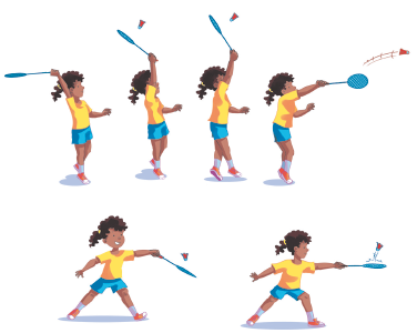 Imagem: Ilustrações em sequência. 1. Uma menina com cabelo encaracolado e preso, usando camiseta amarela e shorts azul, está com o braço direito levantado e segura uma raquete azul na direção de uma peteca vermelha. Em seguida, seu braço está à frente do corpo e a peteca está em outra direção. 2. A menina de amarelo está com as pernas abertas e segura a raquete inclinada para baixo na direção da peteca. Em seguida, a raquete está esticada na horizontal e a peteca está subindo.  Fim da imagem.