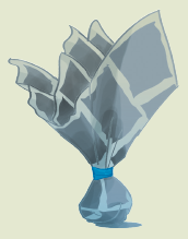 Imagem: Ilustração. Um saquinho cinza com a base redonda e amarrado com uma fita. Fim da imagem.