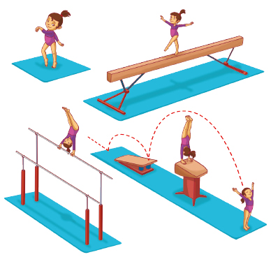 Imagem: Ilustração de ginástica artística feminina em sequência. 1. Uma menina de cabelo castanho e preso, usando collant roxo, está equilibrada na ponta dos pés e com os braços flexionados.  2. A menina de collant roxo está em cima de uma base horizontal fina, equilibrada na ponta de um pé direito, a perna esquerda levantada e os braços abertos. 3. A menina de collant roxo, de ponta cabeça, segura uma barra cinza e está com as pernas esticadas e juntas para cima. Ao lado dela, há outra barra. 4. À esquerda, um objeto triangular com molas, à frente, uma estrutura vertical com a ponta quadrada e a menina de collant roxo de ponta cabeça, se apoiando com as mãos e as pernas esticadas para cima. Em seguida, a menina está em pé e com os braços abertos. Ao redor dos objetos, uma linha pontilhada vermelha indicando movimento.   Fim da imagem.