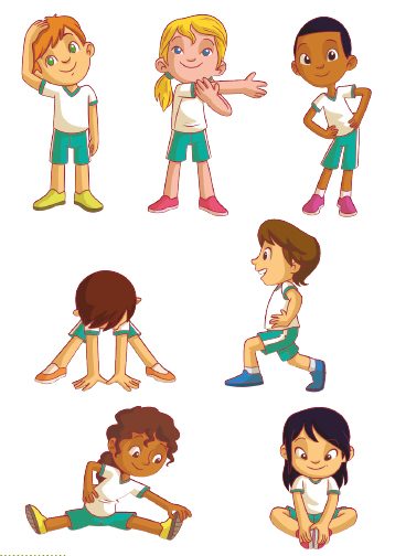 Imagem: Ilustrações. 1. Um menino, em pé, está com a mão direita na cabeça e o pescoço inclinado.  2. Uma menina, em pé, está com o braço direito esticado e, com o braço esquerdo, segura o antebraço direito.  3. Um menino, em pé, está com o corpo inclinado para direita, os braços flexionados e as mãos na cintura. 4. Um menino está com o tronco abaixado, as pernas afastadas e as mãos tocam o chão. 5. Um menino está com o joelho esquerdo dobrado à frente, e a perna direita para trás. As mãos estão na cintura. 6. Uma menina sentada com as  pernas afastadas, a mão esquerda esticada na direção do pé e a mão direita na cintura.  7. Uma menina sentada com os joelhos afastados e as solas dos pés juntas. As mãos estão esticadas na direção dos pés.  Fim da imagem.