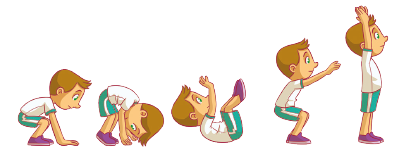 Imagem: Ilustração em sequência. Um menino, com os joelhos dobrados, está com o tronco abaixado e as mãos esticadas para o chão. Em seguida, o tronco está curvado e a cintura levantada. As costas estão no chão, os braços levantados e as pernas dobradas para cima. Está em pé, com os joelhos dobrados, costas retas e braços esticados para frente. À direita, está em pé e com as mãos levantadas.  Fim da imagem.