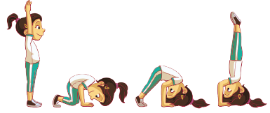 Imagem: Ilustração em sequência. Uma menina, em pé, está com os braços levantados. Em seguida, está com as costas abaixadas, os joelhos e mãos no chão. Está com a cintura para cima, na ponta dos pés e com a cabeça apoiada no chão. À direita, está de ponta cabeça, com a mão e cabeça apoiada no chão e as pernas juntas e esticadas para cima. Fim da imagem.