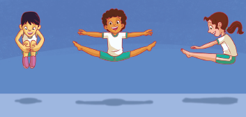 Imagem: Ilustração. À esquerda, uma menina, no ar, está com os joelhos dobrados na altura do peito e com as mãos segura as pernas. No centro, um menino, no ar, está com as pernas e braços abertos. À direita, uma menina está com as pernas juntas e esticadas para frente e com as mãos esticadas na direção dos pés.  Fim da imagem.
