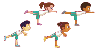 Imagem: Ilustração. Acima, duas crianças estão com a perna direita levantada, o tronco inclinado e o braço esticado para frente. Abaixo, duas crianças estão com a perna direita inclinada para trás e os braços abertos.  Fim da imagem.