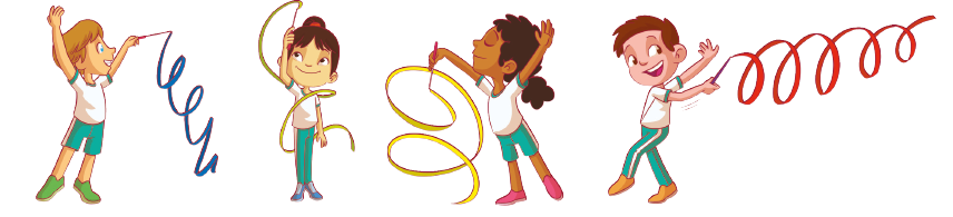 Imagem: Ilustração. Quatro crianças, em fileira, estão com os braços erguidos e controlam uma fita em espiral. Fim da imagem.
