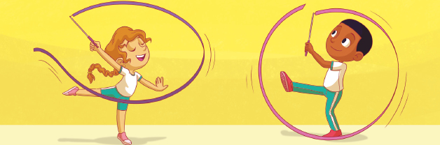 Imagem: Ilustração. Duas crianças seguram uma fita em circular.  Fim da imagem.