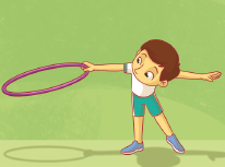 Imagem: Ilustração 3. O menino, com os braços abertos e o pescoço inclinado para frente, está segurando um bambolê ao lado do corpo. Fim da imagem.