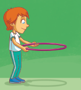 Imagem: Ilustração em sequência. 1. Passo 1. Um menino ruivo, em pé, está com os dois braços flexionados para frente e segura um bambolê com as duas mãos.  Fim da imagem.