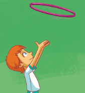 Imagem: Ilustração 2. Passo 2. O menino ruivo está com os dois braços levantados, as mãos abertas na direção de um bambolê, que está no alto.   Fim da imagem.