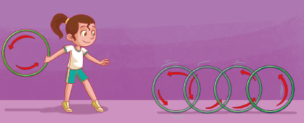 Imagem: Ilustração. Uma menina, em pé, está com os braços abertos e segura um bambolê com a mão direita. À frente dela, há quatro bambolês. Dentro de todos os bambolês há duas setas em circular.  Fim da imagem.