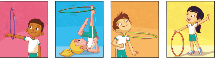 Imagem: Ilustração em sequência. 1. Um menino está com o braço direito aberto e dentro de um bambolê.  2. Uma menina está com a cabeça e ombros apoiados no chão, a cintura levantada, uma das pernas está flexionada para cima e com o pé dentro de um bambolê.  3. Um menino, com a cabeça inclinada para cima, está com um bambolê no pescoço.  4. Uma menina está com os braços abertos e segura um bambolê com a mão direita.   Fim da imagem.