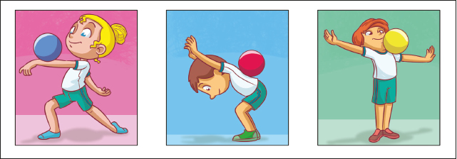 Imagem: Ilustração em sequência.  1. Uma menina está com o joelho direito dobrado e o braço esquerdo esticado para frente onde há uma bola azul apoiada.  2. Um menino, com o tronco inclinado para frente, os joelhos dobrados e os braços levantados, está com uma bola vermelha nas costas.  3. Um menino, com os braços abertos e o pescoço inclinado, está equilibrando uma bola amarela no ombro esquerdo.   Fim da imagem.