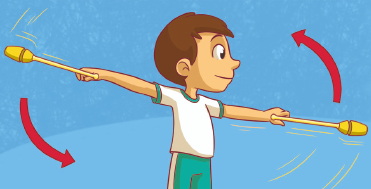 Imagem: Ilustração. um menino com os braços abertos segura uma clave em cada mão. Ao redor dele, duas setas vermelhas em sentido anti-horário.  Fim da imagem.