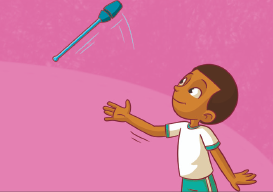 Imagem: Ilustração. um menino está com o braço direito flexionado e olha para uma haste que está no alto.  Fim da imagem.