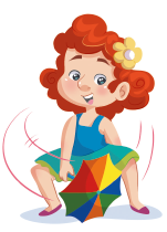 Imagem: Ilustração. A menina, agachada e com os joelhos dobrados, segura o guarda-chuva com a mão direita abaixo das pernas. Fim da imagem.