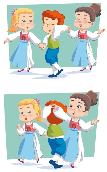 Imagem: Ilustração. No centro, o menino ruivo, de lado, está com o calcanhar levantado, os braços dobrados e segura a mão da menina loira e da menina de cabelo castanho. As meninas, ao lado dele, estão com os braços abertos e cada uma segura uma mão.  Ilustração. No centro, o menino ruivo está de costas, com o calcanhar levantado, os braços estendidos e segura a mão das duas meninas. As meninas, ao lado dele, estão com os braços abertos e cada uma segura uma mão.  Fim da imagem.