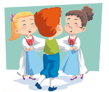 Imagem: Ilustração. No centro, o menino ruivo está de costas, com o calcanhar levantado, os braços estendidos, segura a mão das duas meninas e formam um círculo. As meninas, ao lado dele, estão com as mãos estendidas.  Fim da imagem.