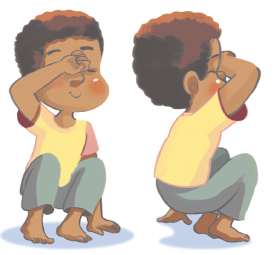 Imagem: Ilustração. O menino de camiseta amarela está agachado com a mão esquerda no chão, a mão direita no rosto e os olhos fechados.  Fim da imagem.