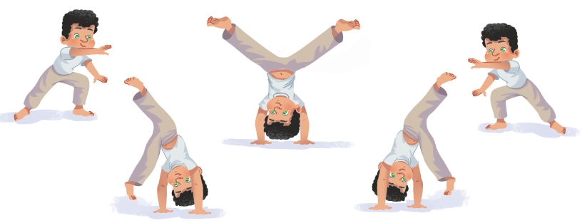 Imagem: Ilustração. Criança com os braços esticados e o joelho dobrado, em seguida, de ponta cabeça e com as pernas afastadas.  Fim da imagem.