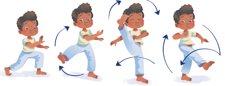 Imagem: Ilustração. Criança com os braços esticados e o joelho dobrado. Levanta o pé direito. Ergue a perna direita e o pé está na altura da cabeça. Em seguida, a perna está para baixo. Ao redor da criança, há setas indicando direções.  Fim da imagem.