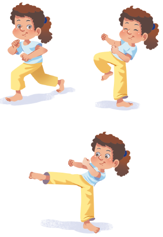 Imagem: Ilustração. Acima, uma menina vestindo uma camiseta branca e calça amarela, está com os joelhos dobrados. Em seguida, dobra a perna direita para trás. Abaixo, a menina de camiseta branca está com a perna direita esticada para frente e os braços cruzados na altura do peito.  Fim da imagem.