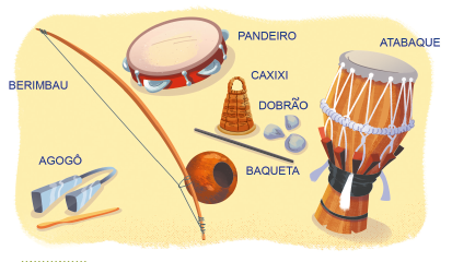 Imagem: Ilustração. Um berimbau, arco marrom com uma linha atrás e nó nas pontas. Um agogô, arco menor com a ponta quadrangular e uma haste ao lado. Pandeiro, um objeto circular com semicírculos ao redor. Baqueta, uma haste fina. Atabaque, um cilindro com um círculo branco na ponta e costuras brancas. Caxixi, objeto triangular marrom. Dobrão, objetos cinzas redondos.  Fim da imagem.