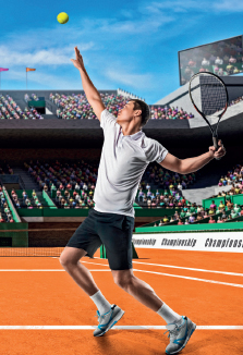 Imagem: Fotografia. Um homem está com o braço direito levantado e, com o braço esquerdo inclinado para trás, segura uma raquete e olha uma bola que está no alto. Os joelhos dele estão dobrados.  Fim da imagem.