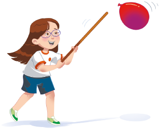 Imagem: Ilustração. Uma menina, com cabelos longos, usando óculos, camisa branca e bermuda azul, segura com as duas mãos uma barra e aponta para uma bexiga que está no alto.  Fim da imagem.