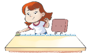 Imagem: Ilustração. Vanessa, menina ruiva com camiseta branca está sorrindo e colocando uma borracha sobre uma carteira escolar. Ao lado há mais onze borrachas enfileiradas.  Fim da imagem.