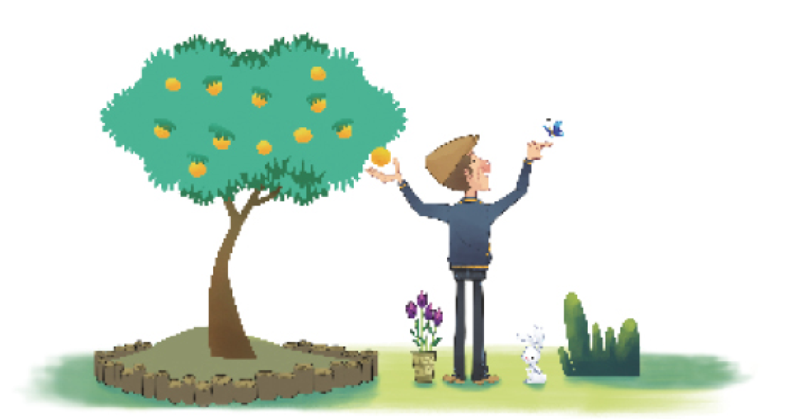 Imagem: Ilustração. No centro, um homem com boina, blusa e calça preta e sapatos marrons está de costas e com as mãos para cima. Ao lado da mão direita há uma borboleta azul voando e ao lado da mão esquerda há uma laranja pendurada em uma árvore. Do lado direito do homem há um coelho branco e uma planta e do lado do pé esquerdo dele há um vaso com flores roxas e a árvore. Fim da imagem.