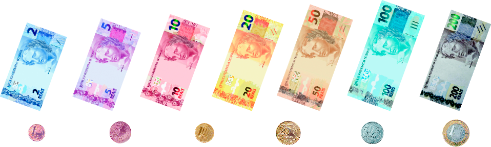 Imagem: Fotografia. Cédulas de real: 2, 5, 10, 20, 50, 100 e 200. E moedas: 1 centavo, 5 centavos, 10 centavos, 25 centavos, 50 centavos e 1 real.  Fim da imagem.