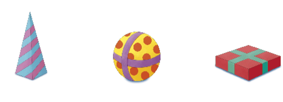 Imagem: Ilustração. 1. Uma embalagem com formato de pirâmide listrada, azul e rosa.  2. Uma embalagem com formato de esfera amarela com bolinhas laranja.  3. Uma embalagem com formato de quadrado vermelho com uma fita azul em volta.  Fim da imagem.