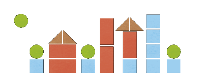 Imagem: Ilustração. Figuras geométricas coloridas e empilhadas: oito quadrados, cinco retângulos, quatro triângulos e quatro círculos. Fim da imagem.