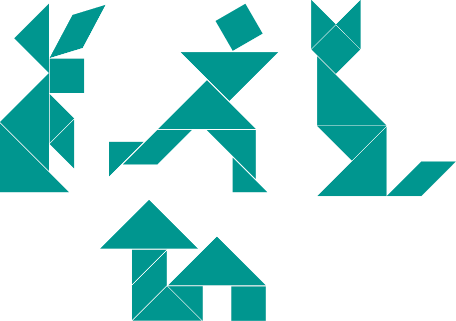 Imagem: Ilustração. Quatro figuras diferentes: Peças com formas geométricas diferentes estão agrupados, formando um coelho.  Peças com formas geométricas diferentes estão agrupados, formando um homem.  Peças com formas geométricas diferentes estão agrupados, formando um gato.  Peças com formas geométricas diferentes estão agrupados, formando uma casa e uma árvore.  Fim da imagem.