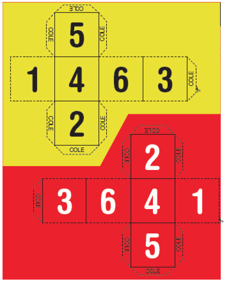 Imagem: Ilustração. Na parte superior, cubo aberto com números sobre fundo amarelo. Em volta há linhas pontilhadas para recortar e abas para dobrar e colar. Na parte inferior, cubo aberto com números sobre fundo vermelho. Em volta há linhas pontilhadas para recortar e abas para dobrar e colar. Fim da imagem.