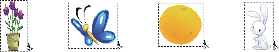 Imagem: Ilustração. Quatro figuras com linhas pontilhadas em volta para recortar.  Vaso com flores roxas; Borboleta azul; Laranja; Coelho branco.   Fim da imagem.