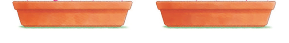 Imagem: Ilustração. Dois vasos marrons com cincos flores em cada um.  Fim da imagem.