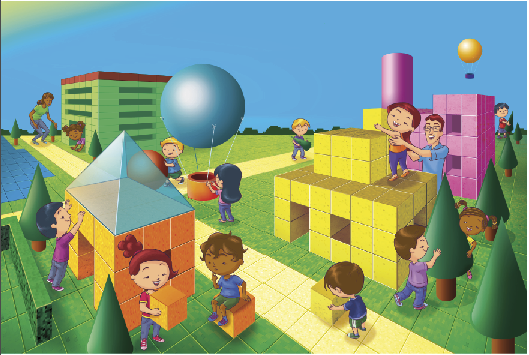 Imagem: Ilustração. À esquerda, um prédio composto por cubos verdes e dentro dele há uma menina agachada. Ao lado, uma mulher observa. Em seguida, uma casa feita com cubos laranja e telhado piramidal azul. Ao lado, um menino está com as mãos para cima, uma menina está segurando um cubo laranja e um menino está sentado em um cubo laranja. Ao lado deles há plantas com formato de cone verde. No centro, uma menina está segurando um cesto marrom, que está pendurado em um balão azul com formato de esfera. Ao lado, Guilherme está rolando uma esfera marrom. À direita, uma casa feita de cubos amarelos. Um homem sorri e segura uma menina no topo da construção. Ao lado, Letícia e um menino estão brincando em volta de uma árvore com formato de cone verde com tronco cilíndrico e marrom. E um menino empurra um cubo amarelo no chão. Atrás, um prédio composto por cubos rosa e uma torre com formato de cilindro rosa. Em seguida, um menino carrega um cone verde e outro menino coloca um cone verde sobre um cilindro marrom. Ao fundo, um balão amarelo voando no céu azul. Fim da imagem.