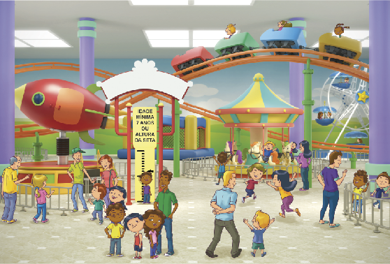Imagem: Ilustração. Um parque de diversões coberto. À esquerda, um foguete grande e vermelho. Ao lado há uma placa com a informação: SIMULADOR DE VOO e um menino está encostado em uma faixa para medir a altura com a informação: IDADE MÍNIMA 7 ANOS OU ALTURA DA SETA. Ao lado há três adultos e duas crianças sorrindo. No centro, um homem e duas crianças sorriem e observam duas crianças uma de costas para a outra, medindo a altura. À direita há crianças correndo e adultos sorrindo. Em seguida, Guilherme e mais crianças estão em um carrossel de cavalos. Acima deles, Letícia e duas crianças estão sentadas em carrinhos de uma montanha-russa. Ao fundo há uma roda-gigante e um pula-pula. Fim da imagem.