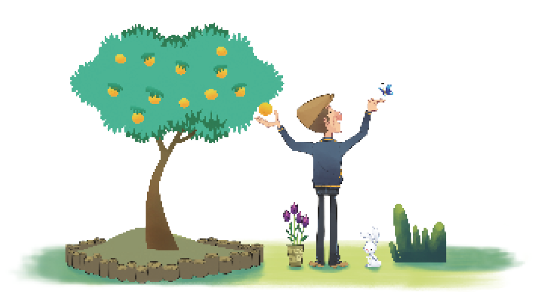 Imagem: Ilustração. No centro, um homem com boina, blusa e calça preta e sapatos marrons está de costas e com as mãos para cima. Ao lado da mão direita há uma borboleta azul voando e ao lado da mão esquerda há uma laranja pendurada em uma árvore. Do lado direito do homem há um coelho branco e uma planta e do lado do pé esquerdo dele há um vaso com flores roxas e a árvore. Fim da imagem.