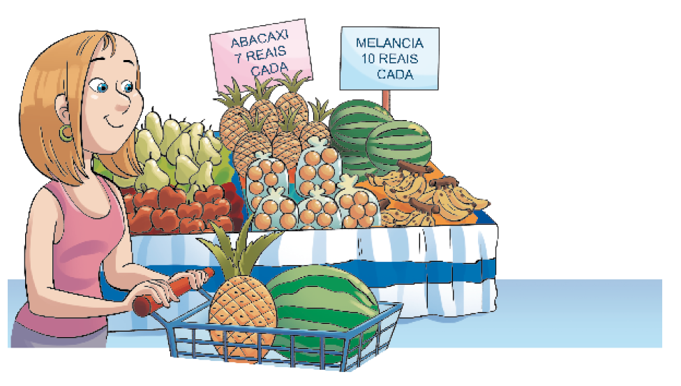 Imagem: Ilustração. Regina, mulher loira com regata rosa está sorrindo e empurrando um carrinho de compras com um abacaxi e uma melancia dentro. Atrás dela há uma mesa com frutas e duas placas com as informações: ABACAXI – 7 REAIS CADA; MELANCIA – 10 REAIS CADA. Fim da imagem.