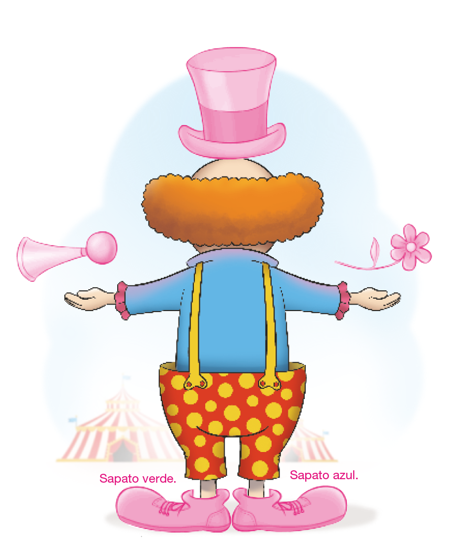 Imagem: Ilustração. Um palhaço calvo com cabelo ruivo, chapéu na cabeça, blusa azul, calça vermelha com bolinhas amarelas e sapatos grandes. No pé esquerdo, sapato verde e no pé direito, sapato azul. Ele está de costas com os braços abertos e as mãos viradas para cima. Sobre a mão esquerda há uma buzina e sobre a mão direita, uma flor. Fim da imagem.