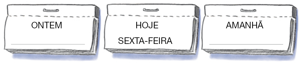 Imagem: Ilustração. À esquerda, papel com a informação: ONTEM –  espaço para resposta. No centro, papel com a informação: HOJE – SEXTA-FEIRA. À direita, papel com a informação: AMANHÃ - espaço para resposta.  Fim da imagem.