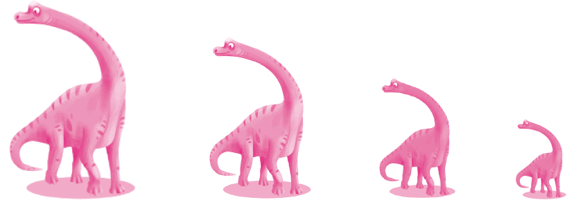 Ilustração. À esquerda, um dinossauro muito grande. Em seguida, um dinossauro grande. À direita, um dinossauro pequeno e um dinossauro muito pequeno.