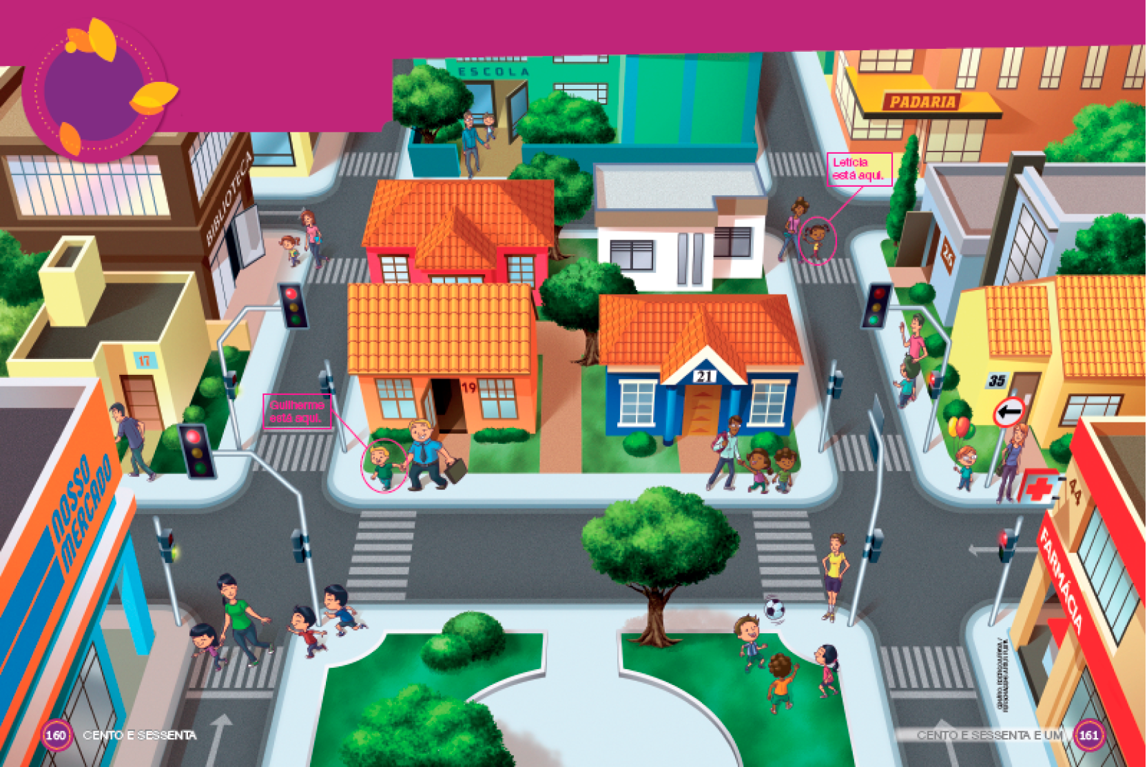 Imagem: Ilustração. Vista aérea de um bairro. À esquerda, um prédio amarelo, uma rua, uma mulher e uma menina andando em direção a uma Biblioteca marrom, um homem andando na frente de uma casa amarela com o número 17, uma rua, um mercado grande. Na frente há uma mulher e três crianças atravessando uma rua pela faixa de pedestres. No centro, na parte superior, um homem e um menino na frente de uma escola grande e verde, uma rua, uma casa vermelha ao lado de uma casa branca e uma casa laranja (19) ao lado de uma casa azul (21). Na frente da casa laranja, Guilherme está andando e segurando a mão de um homem (Resposta: Guilherme está aqui). E na frente da casa azul, um homem e duas crianças estão andando de mãos dadas. Uma rua e na parte inferior, crianças brincando com uma bola em uma praça com árvores. Ao lado uma mulher observa e sorri. À direita, na parte superior, uma padaria, uma rua, uma casa azul-claro (26) e uma casa amarela (33). Ao lado há uma mulher e Letícia estão atravessando a rua (Resposta: Letícia está aqui), um homem e um menino andando na calçada e uma mulher e um menino parados. Na parte inferior, uma rua e uma farmácia. Fim da imagem.