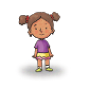 Imagem: Ilustração. Menina negra com cabelo preso, camiseta roxa, saia amarela e tênis verde.  Fim da imagem.