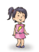 Imagem: Ilustração. Menina oriental com cabelo preso, vestido rosa e sapatos azuis.  Fim da imagem.