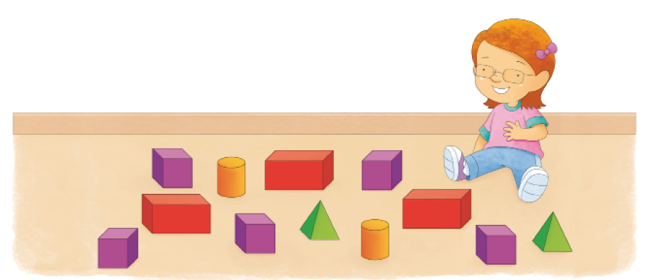 Imagem: Ilustração. Clara, menina ruiva sentada no chão e sorrindo. Na frente dela há várias peças coloridas com formatos geométricos: cinco cubos, dois cilindros, três paralelepípedos, duas pirâmides.  Fim da imagem.